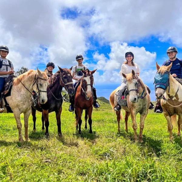 a group of people riding horses on a grassy field
