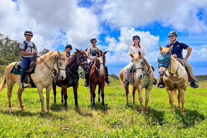 a group of people riding horses on a grassy field