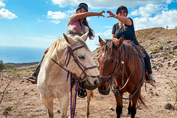 a couple of people riding on the back of a brown horse
