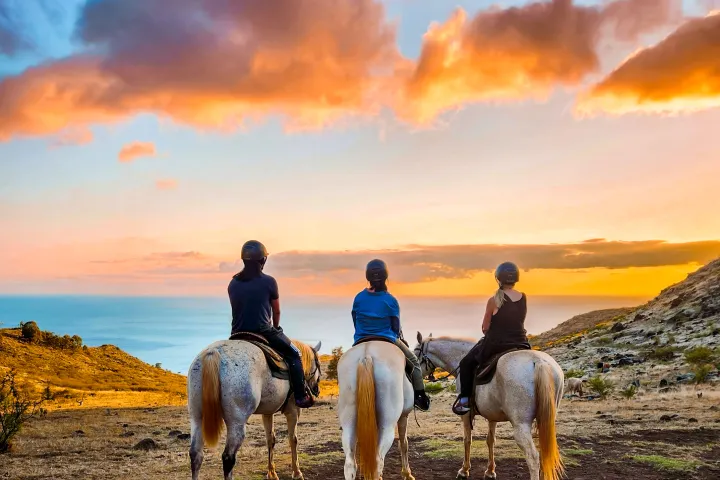 Three people on horseback facing a sunset over the ocean with colorful clouds.