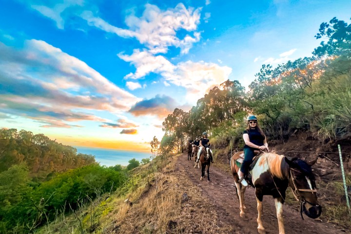 People horseback riding on a trail with a scenic view of the ocean and a vibrant sunset.