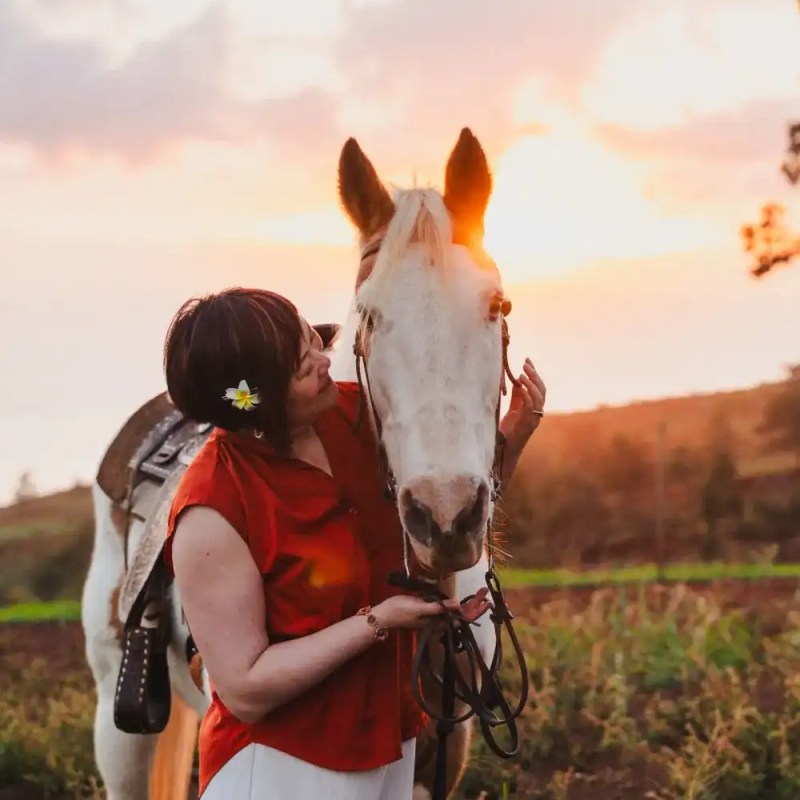 Person in red top embraces white horse at sunset in a field.