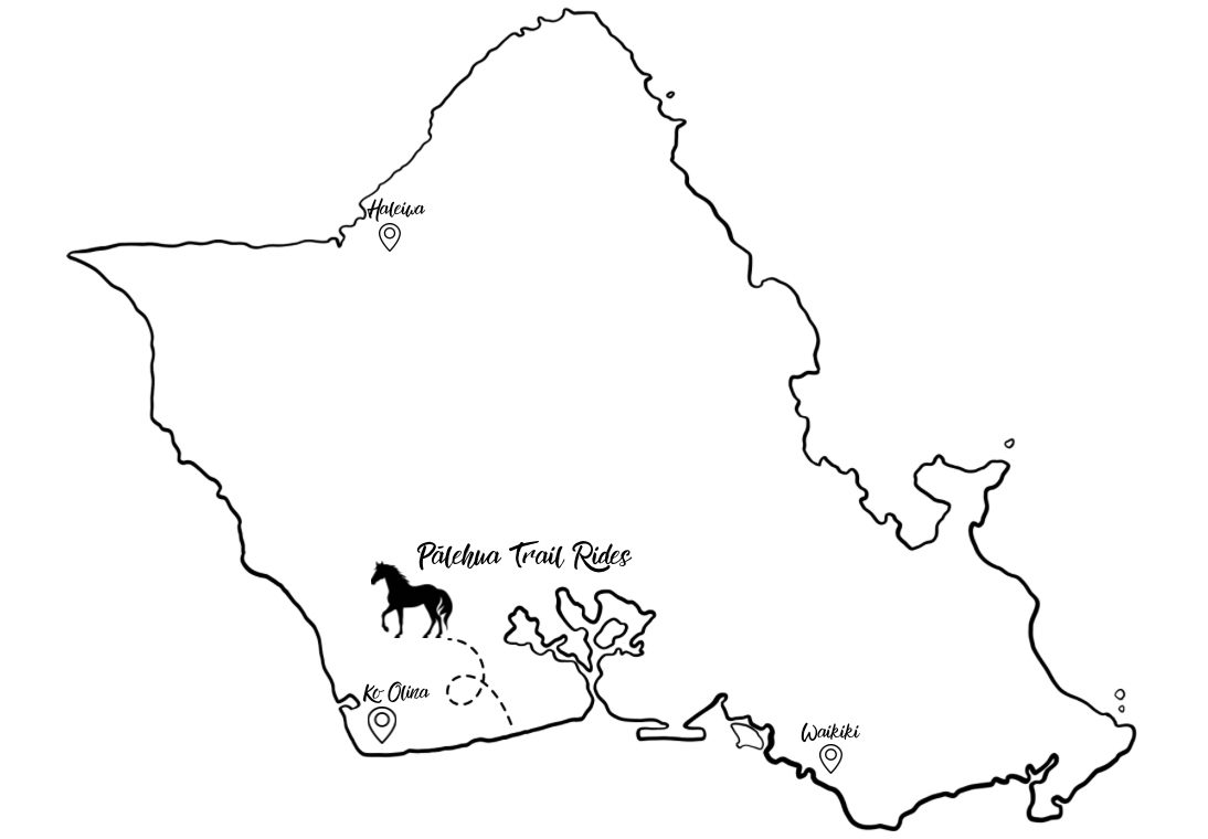 Map of Oahu with points labeled Waikele, Ko Olina, and Palehua Trail Rides near a horse icon.