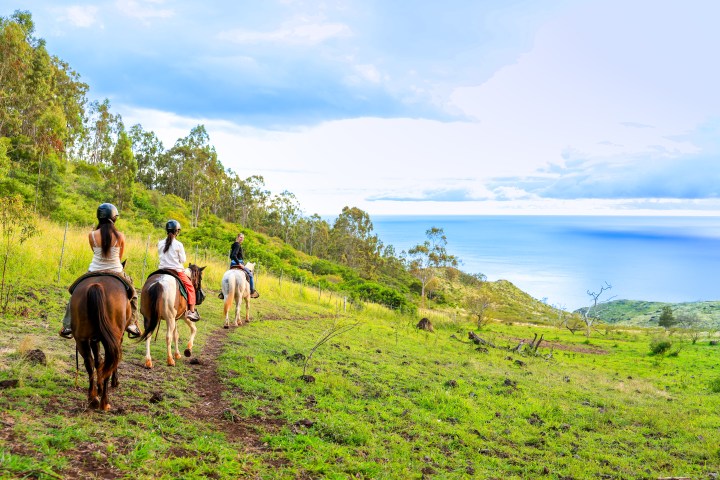 Guests on horseback riding a scenic mountain trail with ocean views on Oahu