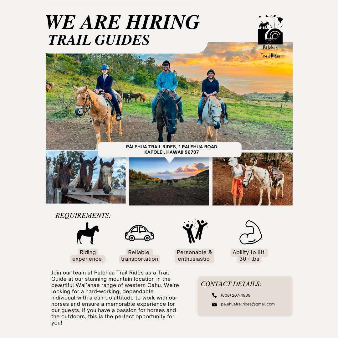 Trail guides job ad with images of horseback riders and requirements listed.